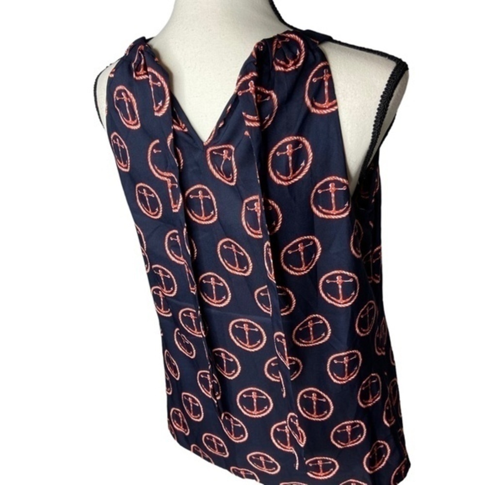 Outback Red Top Nautical Anchor Print Keyhole‎ Tie Neck Sleeveless Blouse Size S - Picture 9 of 13